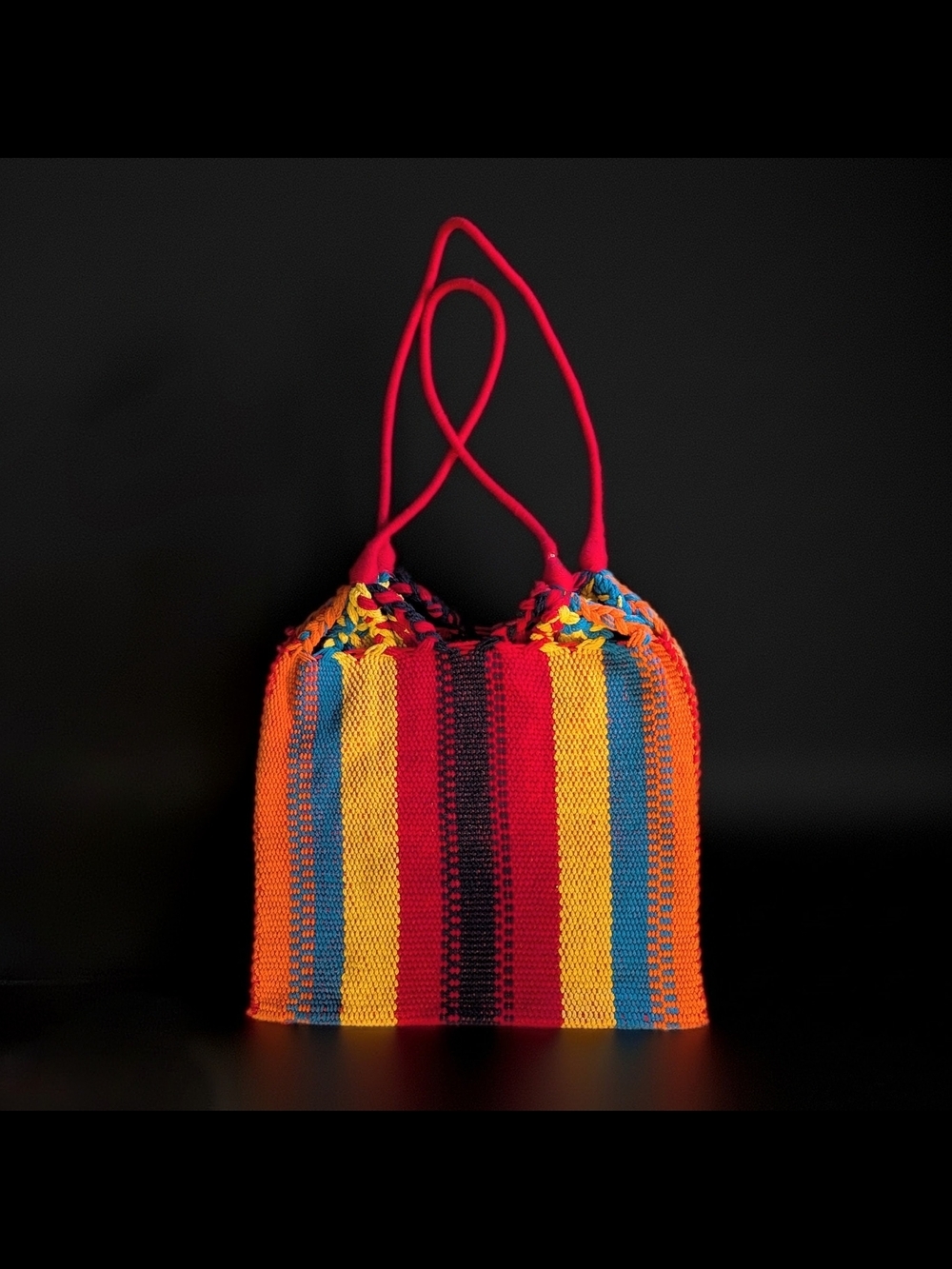 Vintage 1990s Mexican Striped Market Bag Chiapas Loom Woven Boho Easter Tote